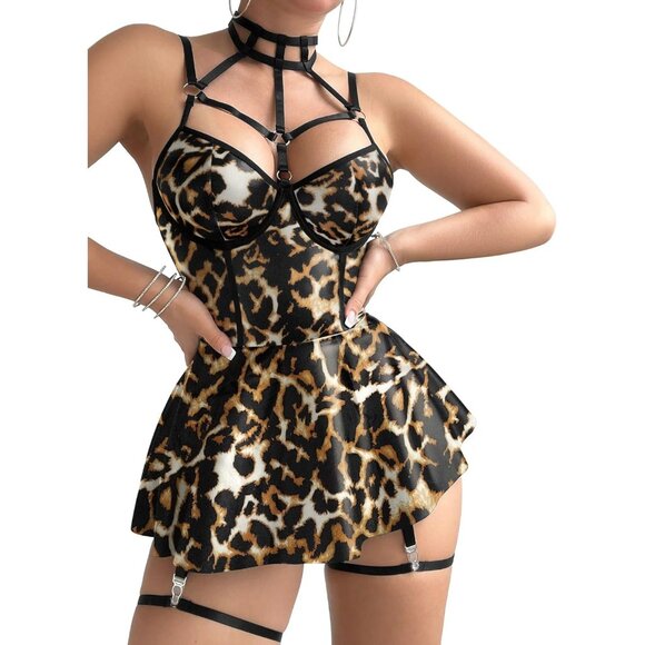 Women Leopard Strappy Leather Underwire Choker Garter Belt Lingerie Set Dress - Picture 3 of 6